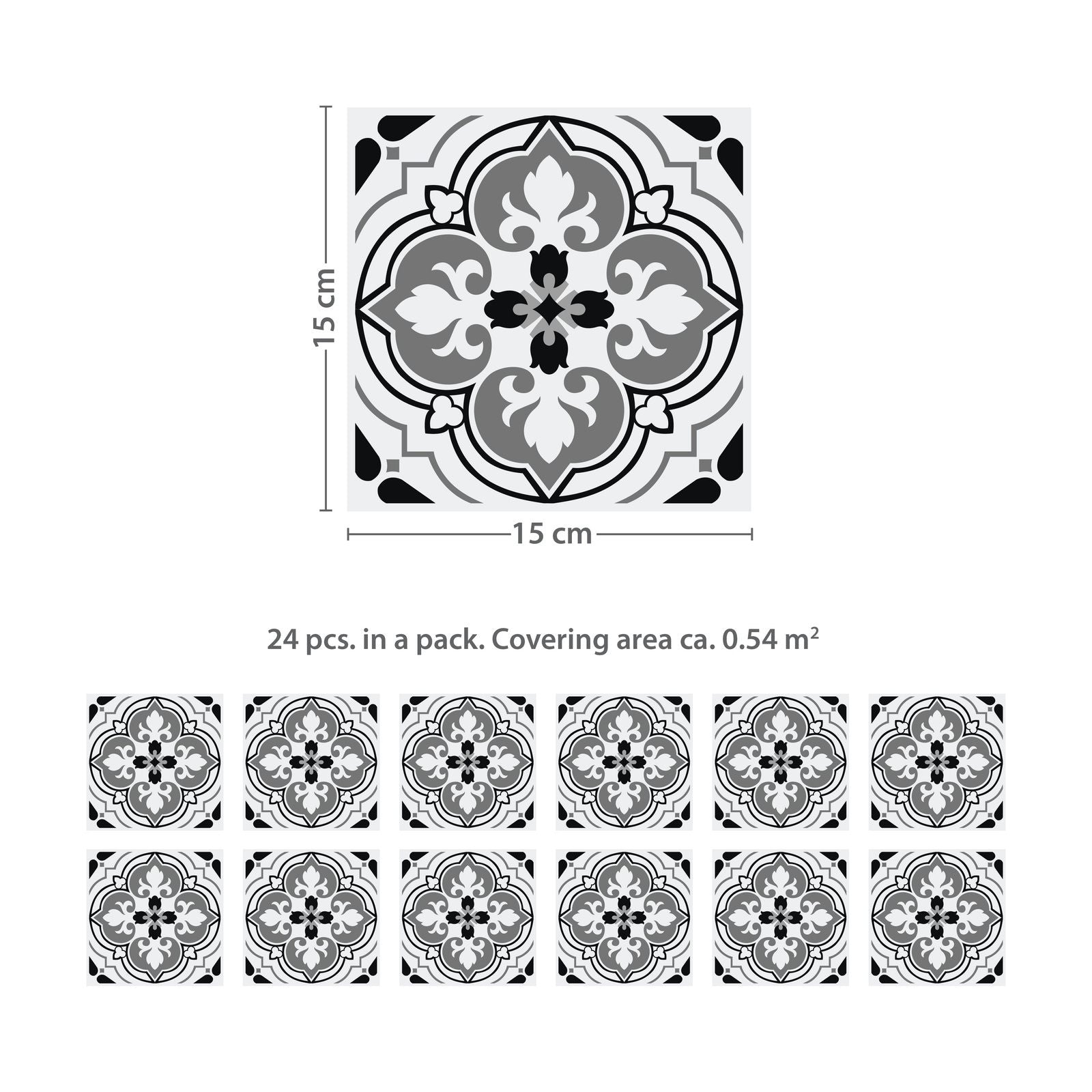 Walplus Antiek Bloemen Patroon Tegelsticker Zwart/Grijs/Wit 15x15 cm - 24 stuks