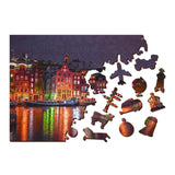 Wooden City Amsterdam bij Nacht XL Houten Vormpuzzel 52x37,5 cm - 600 stukjes