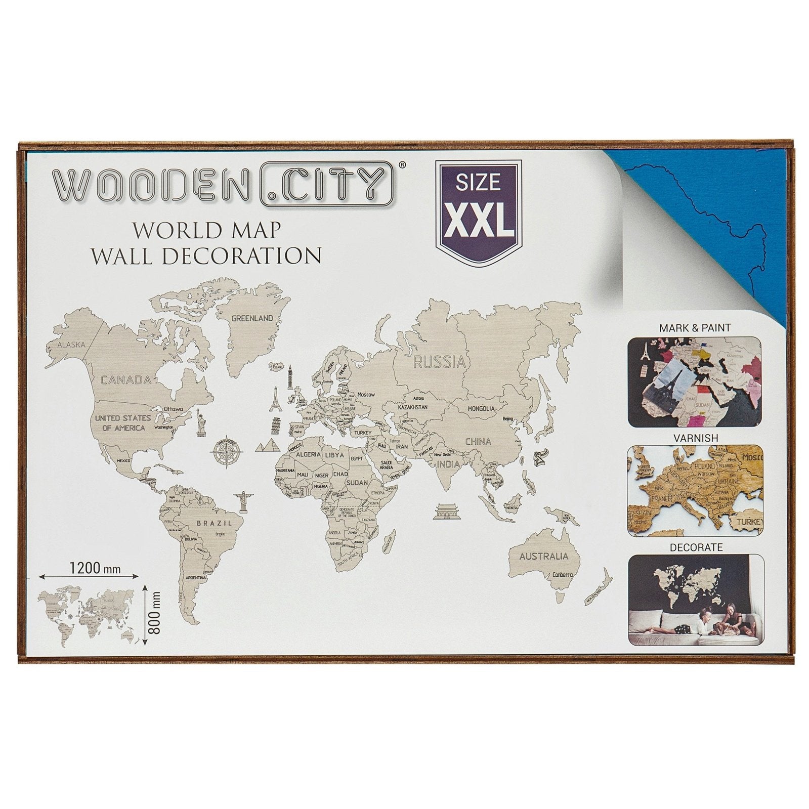 Wooden City Wereldkaart XXL Houten Modelbouw 200x120 cm - Cyaan